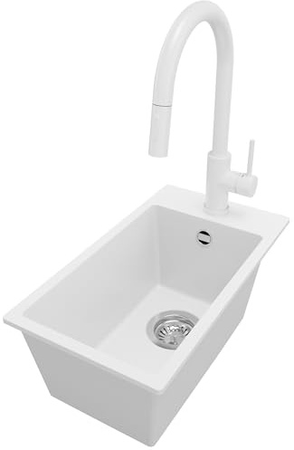 PRIMAGRAN Fregadero Granito al Mueble 30cm + Grifo, 28x50cm | Set: Grifo BW9010 + Kit de desagüe (sifón, válvula, rebosadero) + Riga 1 Seno para Cocina, Blanco