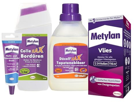 Metylan Vlies, Tapetenkleister (1x720g) & Metylan Bordüren Klebstoff (1x250g) & Metylan Naht- und Reparaturkleber (1x60g) & Metylan Tapetenablöser Aktiv-Konzentrat (1x0,5l)