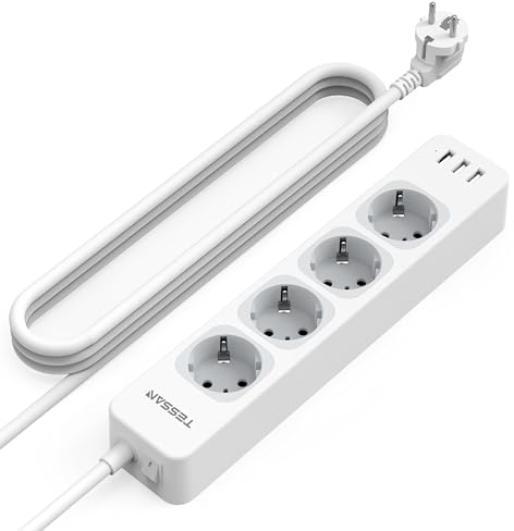 TESSAN 4 Fach Mehrfachsteckdose mit 3 USB, 7 in 1 Steckdosenleiste Verlängerungskabel 3M, Mehrfachstecker mit Schalter, 2500W Verteilersteckdose Steckerleiste mit USB, Grau