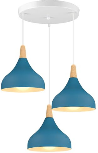 iDEGU 3 Luci Lampadario a Sospensione Retrò LED Lampada a Soffitto in Legna Metallo Moderna Lampada a Sospensione Stile Scandinavo Plafoniera per Soggiorno Camera Sala da Pranzo (Blu Oxford, Rotondo)