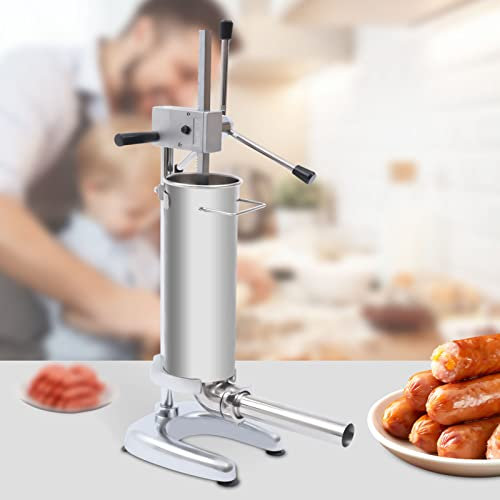 NirWa 3LBS Sausage Stuffer - 304 Stainless Steel Meat Sausage Maker with Suction Base Horizontal Kitchen Packed 4 Tubes for Homemade
