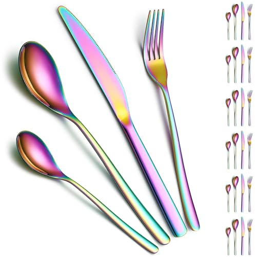 Cutlery Sets 24 Pieces Service for 6, ReaNea Rainbow Titanium Plating Flatware Set Include Dinner Knives, Dinner Spoons, Dinner Forks, Teaspoons, Dishwasher Safe