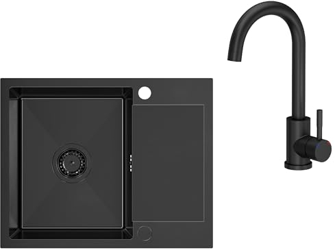 VBChome Fregadero de acero inoxidable con grifo, 60 x 48 cm, color negro, acero inoxidable, con dos agujeros, fregadero grande con escurridor, sifón