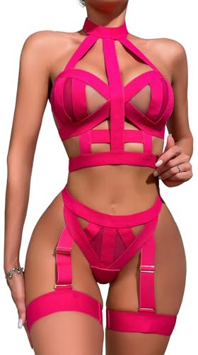 Aranmei Women's Sexy Lingerie Sets 4 Piece Halter Hollow Out Lingerie Sets with Garter Belt Bra and Panty Sets with Thigh Cuffs Rose Red S