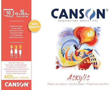 CANSON Acrylic, Acrylpapier, Leinwandkörnung, 400 g/m², an der kurzen Seite geleimter Block, A2, 42 x 59,4 cm, naturweiß, 10 Blätter