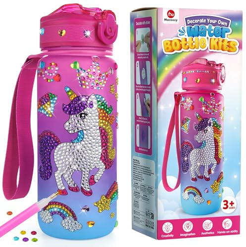 Mocoosy Unicorn & Mermaid Water Bottle with Waterproof Stickers- 27oz Leakproof Standard Sport Bottle with Lids - Decorating Kit & Birthday Gift for Girls 4-12 (Pink)