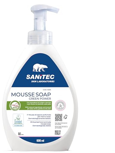 Sanitec MOUSSE SOAP Green Power, Mousse di Sapone a pH Neutro per Pulizia Quotidiana. Con Agenti ad azione Idratante. Dermatologicamente Testato, Per Mani, Viso e Corpo, certificata EU Ecolabel, 600ml