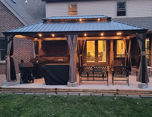 PURPLE LEAF Pavillon 3.65 x 6 m Wasserdicht Stabil Winterfest Gartenpavillon Hardtop Pavillon mit 21.9 m 36 LED Licht Glühbirnen, Bronze