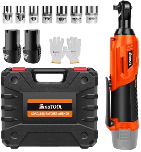 Cordless Electric Ratchet Wrench Kit, 0-2300 RPM 3/8 Inch Power Ratchet Wrench with Variable Speed Trigger 2X 1.5Ah Li-Ion Batteries, 7 Sockets - Orange