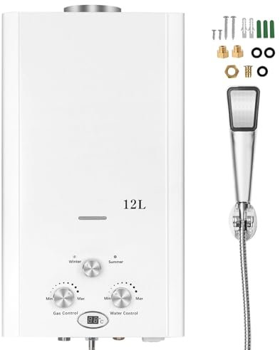 Xverycan Scaldabagno a Gas 12 LPM, 24 KW Scaldino a Gas GPL, Avvio con Solo 0,25 Bar di Pressione Bassa, Doppia Accensione, Modalità Stagionale per Risparmiare Gas, Esterno e Interno