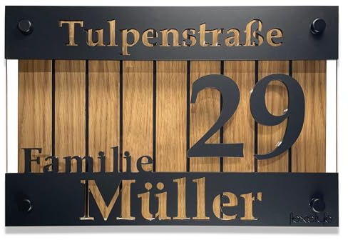 Hausnummern hausnummernschild schwarz schild Adressschild haus hauswand personalisiert acrylglass 3d individuelles design (Eiche mit Streifen, 20x30cm)