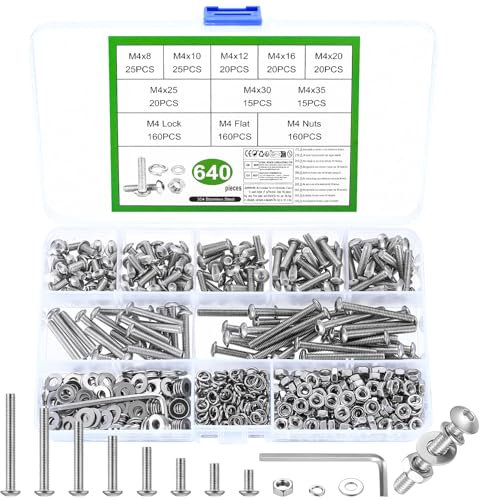 640 Pcs M4 Screws Set, M4 and Nuts Set, Assorted Nuts and Bolts Set, Hex Socket Head Cap Screws Bolts and Nuts Set with Washers Set, Pan Round Head Machine Assortment Kit