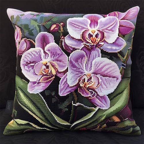 Taxpy Knüpfkissen Set, Lila Phalaenopsis-Blume Latch Hook Kissen Kit für Anfänger Erwachsene zum Selber Knüpfen, DIY Knüpfteppich Knüpfpackung, Kissen Selber Knüpfen Set, 43x43cm