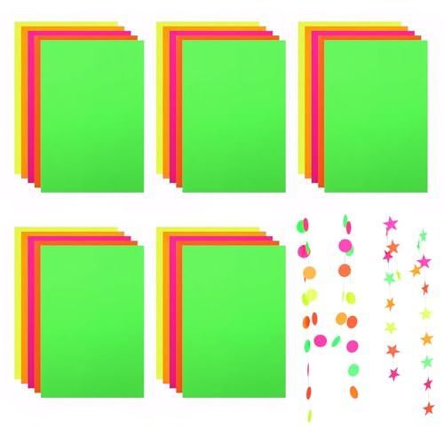 EULAPGOE Neon-Papier 40 Blatt – Leuchtendes DIY-Kartonpapier für Schwarzlichtpartys, 5 Farben, UV-reaktiv, ideal für Tanzflächen und Dekoration