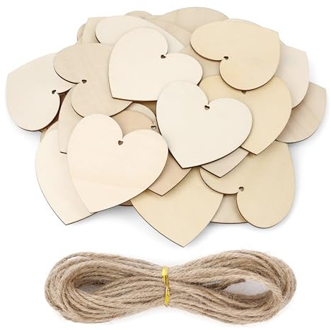 CraftWerk Holzherzen 48er Pack mit 10 Juteschnur - Holzanhänger mit Loch zum Beschriften - Herz als Namensschild für Taufe oder Hochzeit - 10 cm