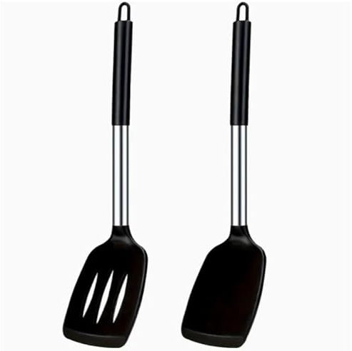 KA Silicone Spatula Set – 2 Pack Heat-Resistant Slotted Turners, BPA-Free & Non-Stick – Flexible Black Spatulas for Flipping Eggs, Pancakes, Baking & Frying