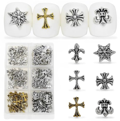 120 Pièces Bijoux Ongles Nail Art, Breloques pour Ongles 3D Croix en Métal Chromé Argent Charme pour Nail Art, Ongles Décoration Pour Les Femmes