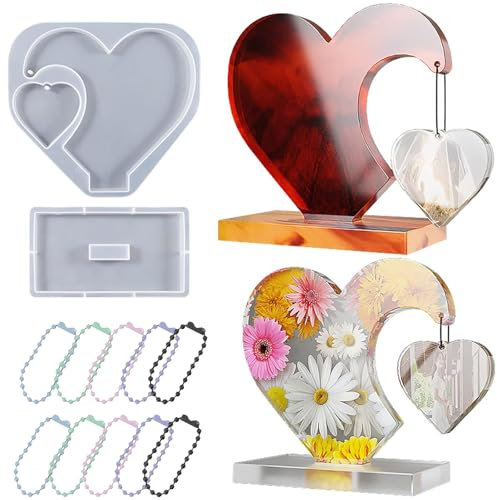 Resin Moulds Silicone, Double Heart Silicone Molds for Resin Casting, DIY Epoxy Resin Moulds Set with Base and 10 Bead Chains, Perfect for Wedding Anniversaries, Valentine’s Day Gifts, and Home Decor