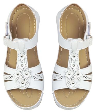 Kilsandaler damer, sommarläder, strandskor, T-remmar, platåsandaletter, öppen tå, pantoletter, kilklack, sommarskor, bohosandaler, lätta, bekväma sportsandaler, Slingback kilsandaletter, Vit, 39 EU