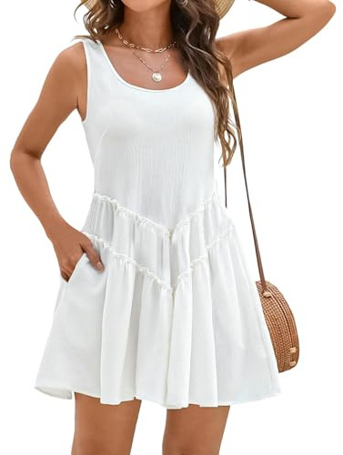 Satohom Sommerkleid Damen Ärmelloses Freizeit Knielang Kleider Einfarbig Lose Boho Blusenkleid Strandkleid Casual U-Ausschnitt Elegant Midi Kleid A-Linie Kleider mit Tasche Wickelkleid S-XL