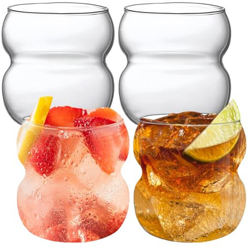 Bubble Gläser 4er Set: 4 x 380ml Cappuccino Gläser Retro-Trinkgläser, Cappuccino Tassen Kaffeetassen Kaffeegläser Eiskaffee Glas Kaffeebecher Thermogläser, Cocktailgläser, Transparent