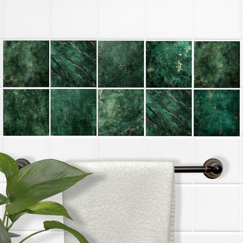 GRAZDesign Fliesenaufkleber für Bad & Küche - Selbstklebend, Wasserdicht, Grün Marmor Design, Einfach Anzubringen - 15x15cm / 10 Stück