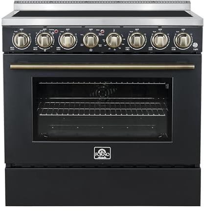 Forno Paolo 36 Inch Black Freestanding Electric Range, Stainless Steel, 5.44 cu.ft., True Convection, Smooth Glass Cooktop - Black