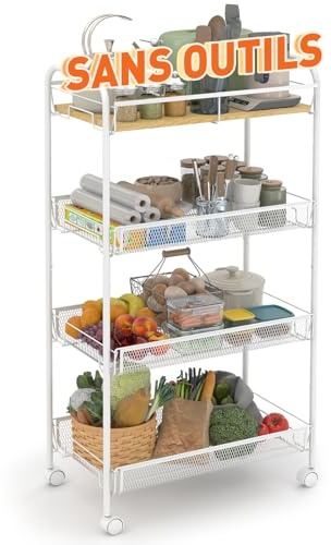 Sekey Rollwagen, Küchenwagen mit 4 Ebenen | Oberer MDF-Platte | Stahl | 360°-Räder | Griff | Nischenregal auf Rollen für kleine Räume, Küche, Bad, Wohnzimmer, Arbeitszimmer | Weiß