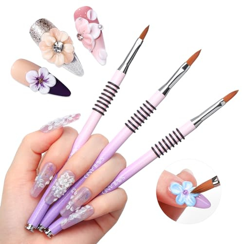 SAVILAND Kolinsky - Juego de 3 pinceles acrílicos para uñas profesionales, tamaños 2/4/5, color morado y rosa, mango antideslizante para aplicación acrílica, diseños de flores 3D, para el hogar, salón