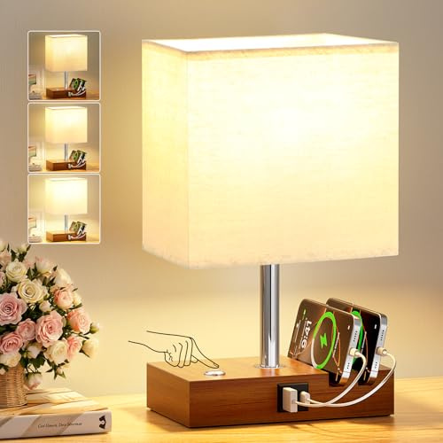 PreeOtti Bedside Lamp, Bedroom Lamp with Brown Wood Charging Station and Organizer for Bedroom (Bulb Included)