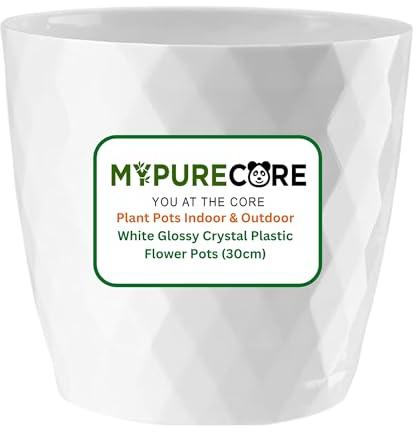 MYPURECORE Plant Pots Indoor 30cm – Stylish Decorative Plastic Flower Pot with Glossy Crystal Surface – Durable Indoor & Outdoor Planter for House Plants, Herbs (White, 30 cm)