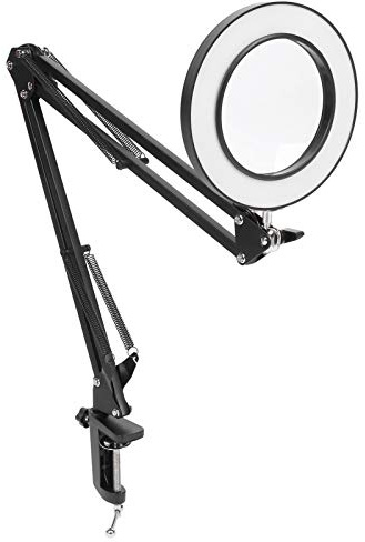 XZXCVN Lámpara LED con Lupa 5X, Flexo de Escritorio con Pinza, Luz Regulable 3 Modos de Color - Ajustable 360° para Estudio, Lectura y Manualidades Detalladas