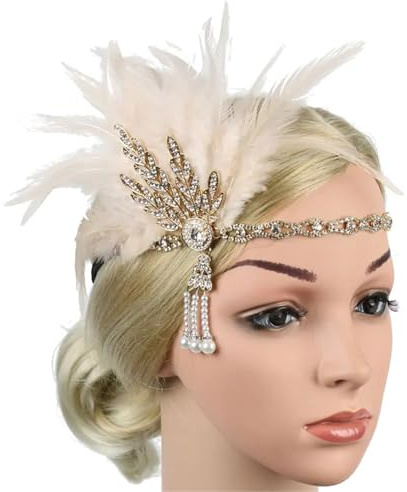Damen Feder Kopfstücke 1 Stück Kopfschmuck Feder Stirnband Schwarz Strass Perlen Pailletten Haarband Vintage(Color2)
