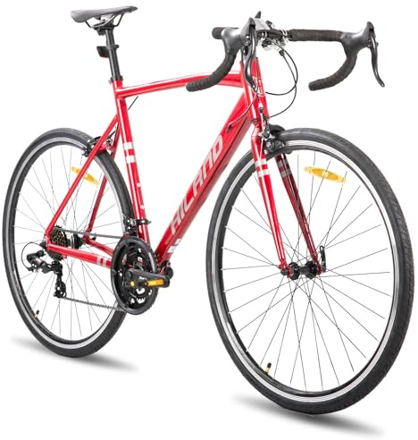 HILAND Bicicleta híbrida para Desplazamiento Diario de 28 Pulgadas, Bicicleta de Carretera con Marco en Aluminio 700C, Unisex,14 velocidades, Frenos de Pinza Delanteros y Traseros, 49cm,Rojo