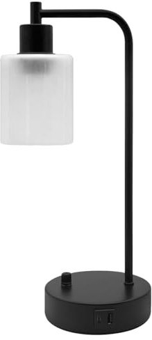 Modern Table Lamp with Frosted Glass Shade, Black Metal Base, Dimmable Desk Light with USB Ports T519