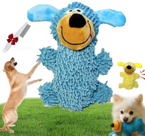 Qosneoun Kicherndes Zahnreinigungsspielzeug in Hundefarben, Kauspielzeug für Hunde mit Zahnbürstenfunktion, interaktives Spielzeug, Selbstquietschendes Plüschspielzeug für Hunde (Blau)