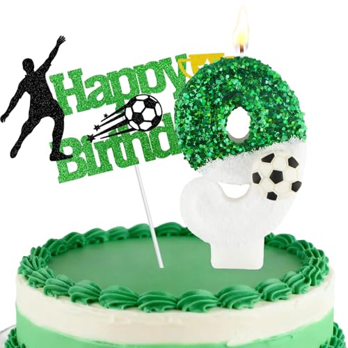Fußball-Zahlenkerzen, Geburtstagskerzen für Kuchen, Kuchenkerzen mit Grußkarte für Geburtstagsfeiern, Hochzeitstagfeiern(9 Candle,Grün&weiß)
