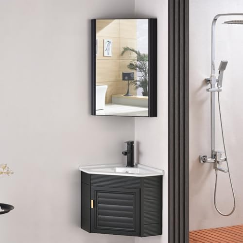 SAeWare Corner Bathroom Vanity Cabinet with Sink & Mirror - Wall Mounted Utility Sink with Faucet Ideal for Laundry Kitchen & Patio Spaces Space-Saving Design,