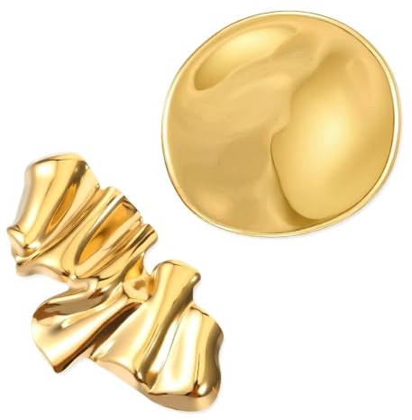 2er Set Goldene Broschen Damen Unregelmäßig – Retro Geometrische Metall-Anstecknadeln mit Struktur, 4 cm Runde & 6 cm Wellenförmige Vintage Brosche für Kleidung, Schal & Blazer
