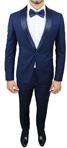 Abito Completo Uomo Sartoriale Blu Raso Slim Nuovo Elegante Cerimonia (56, Blu)
