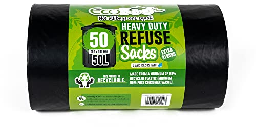 EcoBag 50 Heavy Duty Refuse Sacks 50L, Black, 600 Rim X 800 L