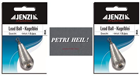 .Jenzi Set de 2 paquetes de plomo de pera, 100 g, 2 x 1 unidad, con espiral/ojal + pegatina Petri Heil!