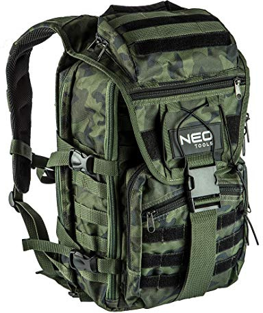 NEO TOOLS CAMO Sac à dos pour artisans professionnels, style camouflage, 100% nylon 600D, bretelles réglables avec rembourrage, 1 anse, 4 poches extérieures, 18 poches intérieures.