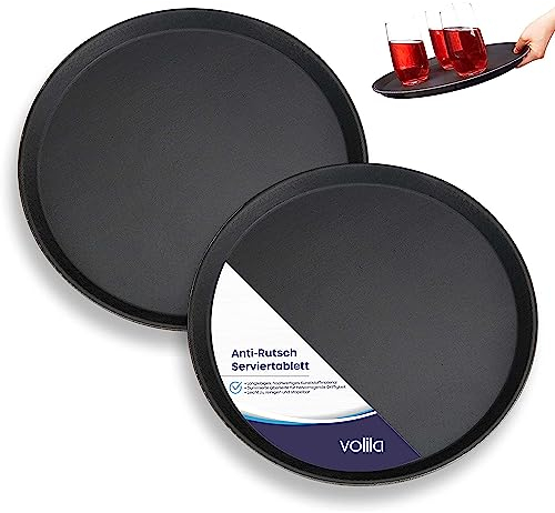 volila Schwarzes Rundtablett - 28cm (2er Pack) Gummiertes rutschfestes Serviertablett für Speisen und Getränke - Spülmaschinenfestes rundes Serviertablett für Partys, Zuhause, Bars & Restaurants