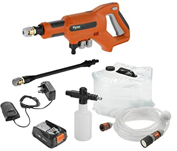 Flymo EasiClean Li Plus Portable Pressure Cleaner - 18V Battery with Charger, 200l/h Flow Rate, 6m Hose Length, 3 Nozzle Attachments, Foam Dispenser, 20L Collapsible Water Tank