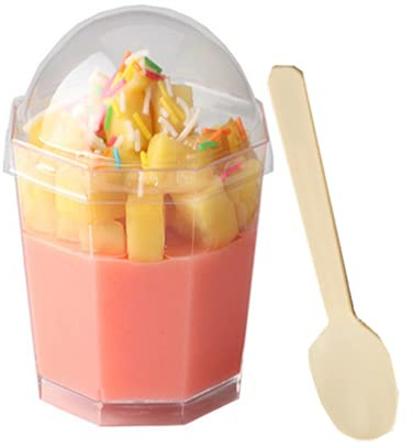 DongAi 25 Packs of 6-Ounce Transparent Plastic Dessert Cups, Octagonal Mini Bowls, Reusable Appetizer Cups with 25 Tablespoons and Lids, Wedding Bowls, Etc. (180ml)
