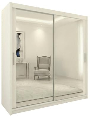 IINTERWOOD Double Full Mirror Sliding Door Wardrobe - 2&3 Doors Wardrobe with Hanging Rail, Adjustable Shelves, Chrome Handles | Sturdy MDF Bedroom Wardrobes for Bedroom Furniture (White 180cm)