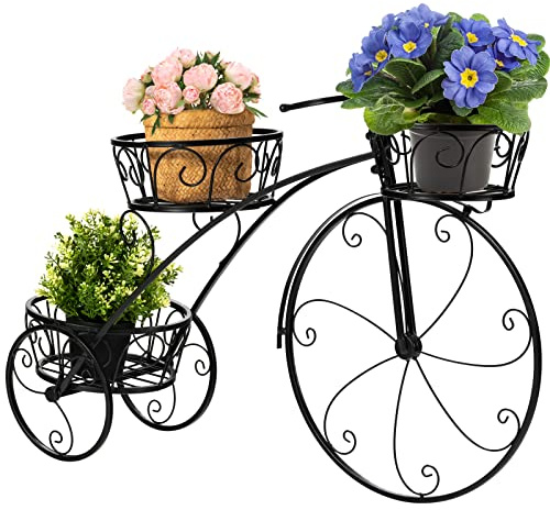GOPLUS Pflanzenregal Fahrrad, Blumenregal mit 3 Ebenen, Blumenständer aus Metall, Pflanzenständer Blumentopfständer für Garten Balkon & Terrasse (Schwarz, 80 x 25 x 50 cm)