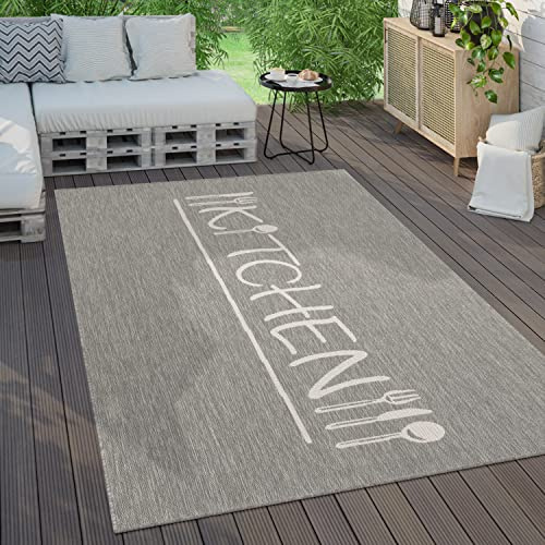 Paco Home Outdoor Teppich Wetterfest Wohnzimmer Balkon Küchenteppich Modernes Muster Mit Schriftzug, Grösse:200x280 cm, Farbe:Grau