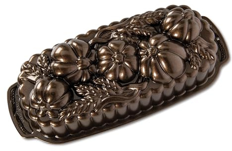 Nordic Ware Molde para tartas con diseño de calabazas, bandeja para bizcocho y pan con decoraciones otoñales, molde de aluminio fundido antiadherente, fabricado en EE. UU., color: bronce